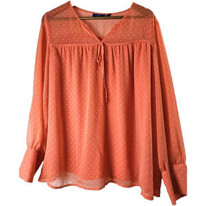 Womens Sz XL Orange Print Babydoll Flowy Fairy Feminine Sheer V-neck Apt 9 Top